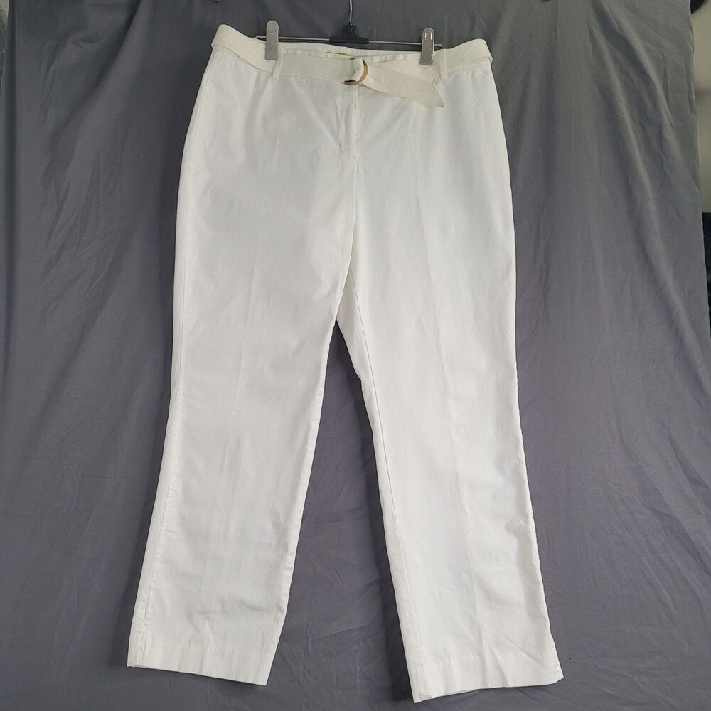 Sigrid Olsen White Cotton Stretch Slacks Size 12 Belted Coastal Ankle Pants